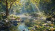© Karn AS Images - A crystal-clear stream meanders among rocky terrain, enveloped by a dense, vibrant forest, sunlight softly penetrating the canopy, wide-angle shot to encompass the serene setting