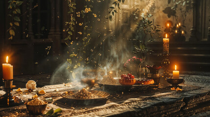 Ethereal altar scene with floating flowers, smoke, and candlelight. Rustic table with mystical objects, fruits, and herbs. Magical atmosphere for spiritual practices and rituals.