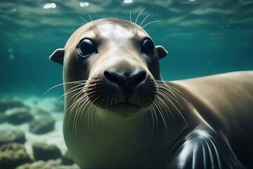 looking sea underwater lion camera galapagos eye contact closeup portrait swimming playful curious mammal marin creature animal wild wildlife island ocean lagoon low tide shallow clear water going