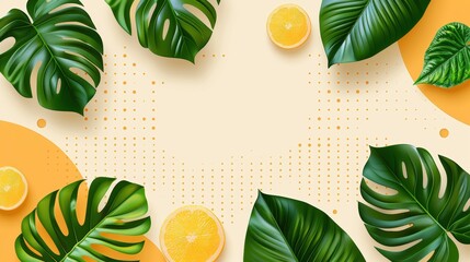 Aufkleber - A vibrant arrangement featuring large green leaves and fresh orange slices on a neutral background invites a refreshing atmosphere