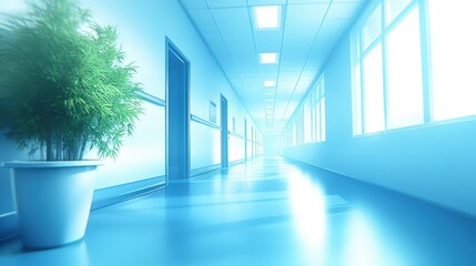 Aufkleber - A serene hospital corridor features bright lighting and a potted plant, creating a calm atmosphere during the day