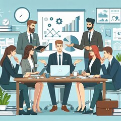 Business meeting brainstorming team of people working at office Corporate communication men and women sitting negotiating studying cartoon style