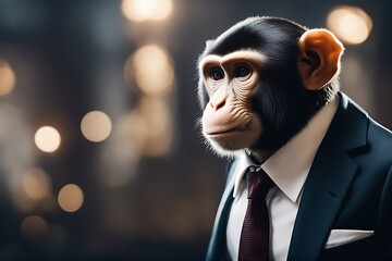 business formal attire monkey alter background bizarre collar concept conceptual contemplation copy space costume disappoint disguise emotion expression expressive face facial frustration head idea