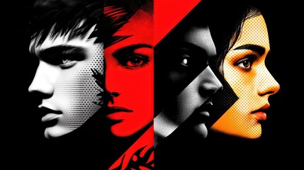 Aufkleber - Four stylized faces merge bold colors and intricate details, capturing raw emotions and distinctive personalities in a striking visual presentation
