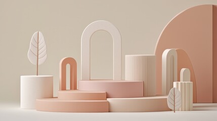 Fototapete - A modern arrangement features various geometric shapes and soft pastel colors, creating an artistic composition with a sense of depth