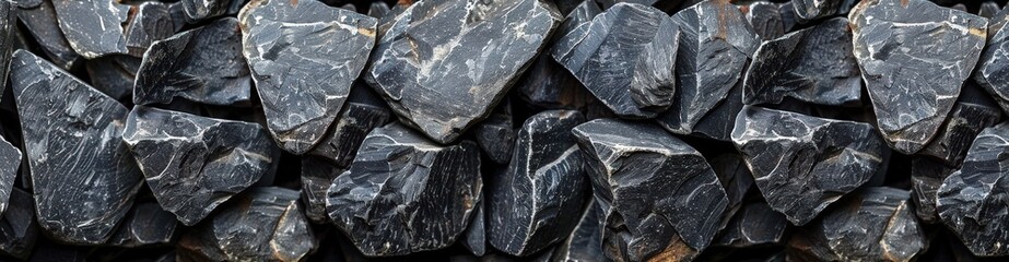 Aufkleber - A collection of dark, sharp-edged rocks is neatly arranged at a construction site under bright daylight
