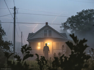 Wall Mural - A man stands in front of a house with a light on. The house is surrounded by trees and there is a storm in the background. Scene is eerie and mysterious