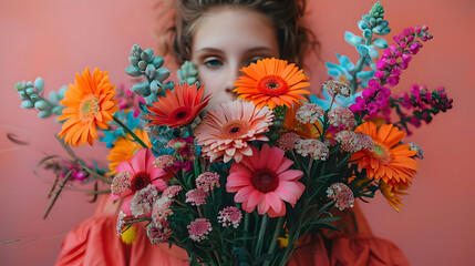 Canvas Print - Colorful Bouquet of Flowers Held by a Woman - Photography