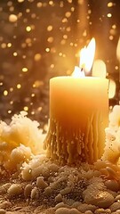 Wall Mural - A candle is lit in a snow-covered area. The snow is falling around the candle, creating a warm and cozy atmosphere