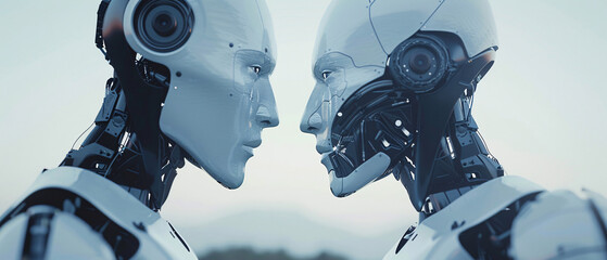 Two Humanoid Robots Facing Each Other in a Futuristic Setting