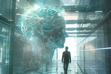Wall Mural - a futuristic digital artwork depicting a man in a modern corridor with a large, illuminated brain st