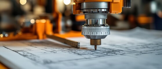 Close-up of a precision tool carving detailed designs on a blueprint, showcasing modern technology in engineering.