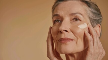 Wall Mural - Older woman applying skincare products, showcasing her flawless skin