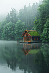 Poster - A small cabin is sitting on a dock in front of a lake