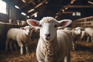 Wall Mural - portrait cattle lovely food flock camera eating sheep lamb staring barn background cute standing animal group domestic animals herd farm farming breeding husbandry many farmhouse wool meat organic