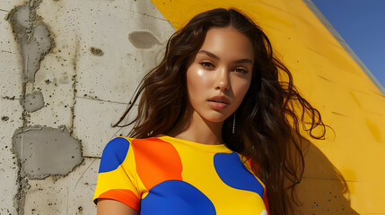 Wall Mural - Woman in Yellow, Orange, and Blue Shirt Against a Yellow Wall Photo