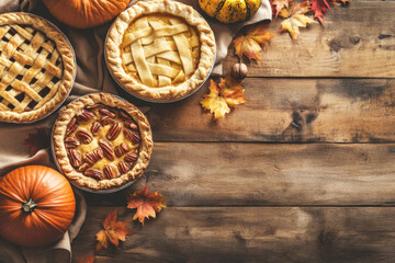 Wall Mural - Variety of traditional homemade autumn pies, pumpkin, apple and pecan on a rustic background, overhead shot