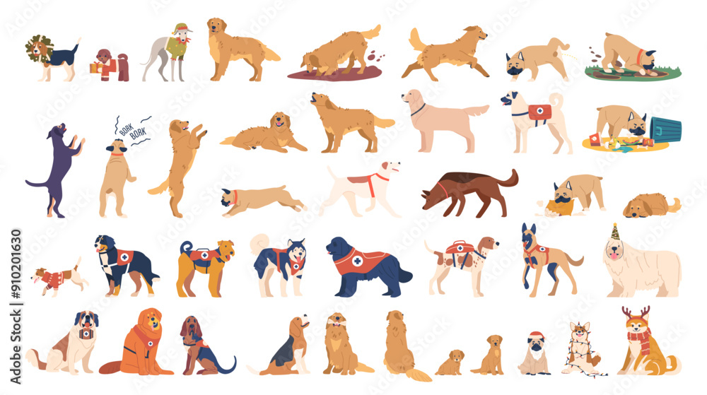 Cartoon Vector Collection Of Various Dog Breeds In Different Poses And ...