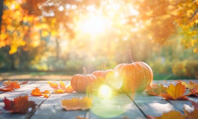 Wall Mural - Three pumpkins on wooden table during autumn with fall foliage and sunlight