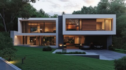 modern house on a hill with two floors and glass details in the afternoon light