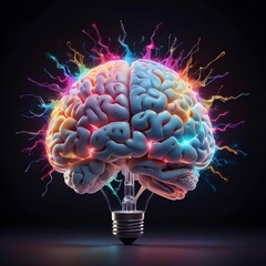 Wall Mural - abstract lightbulb human brain surrounded by colorful sparks representing ideas and creativity, on a