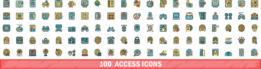 Sticker - 100 access icons set. Color line set of access vector icons thin line color flat on white