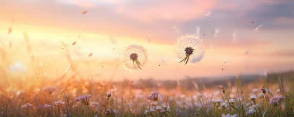 Wall Mural - Delicate Dandelion Seeds Floating in Sunset Breeze Over a Flower Meadow – Dreamy Nature Photography