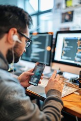 Software Developer Testing Mobile Application on Smartphone in Modern, Organized Workspace Setup