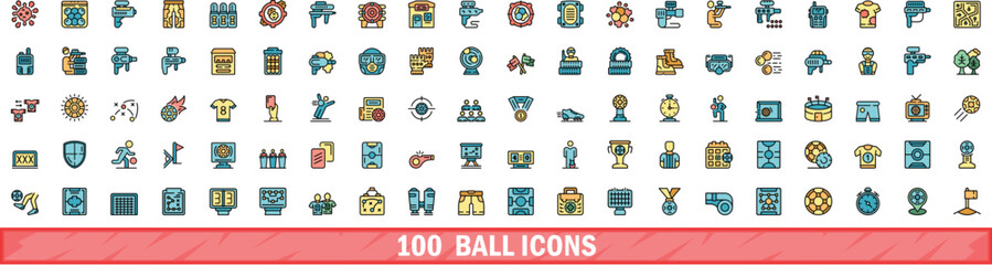 Sticker - 100 ball icons set. Color line set of ball vector icons thin line color flat on white