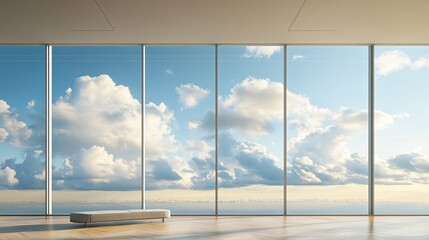 Floor-to-ceiling windows framing a breathtaking sky and cloudscape, creating a seamless connection between indoors and outdoors