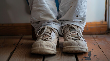 Wall Mural - A shot of worn white sneakers paired with white pants, resting on a rustic wooden floor, suggesting a casual and comfortable style.