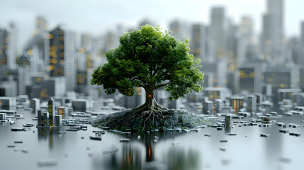 Sticker - Green Tree in Cityscape 3D Illustration