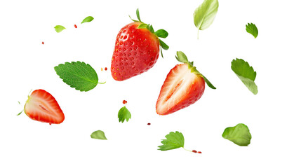 Wall Mural - Strawberry fruit with half slices and green leaves isolated on transparent white background, clipping path