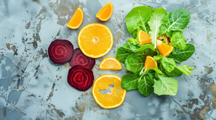 Wall Mural - Fresh beetroot slices, orange segments, and vibrant green salad leaves arranged artistically on a textured concrete surface.