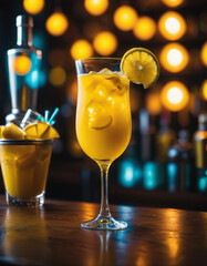 Cocktail drink on a wooden table in a bar on a dark background