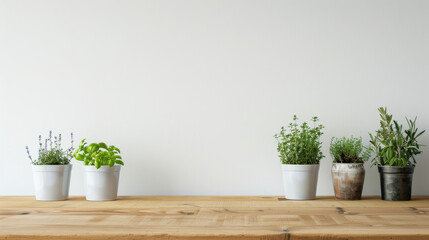 Canvas Print - Potted plants sit neatly on a wooden surface against a minimalist white background, bringing a touch of greenery indoors.