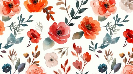 Wall Mural - Watercolor floral pattern, featuring various flowers and leaves