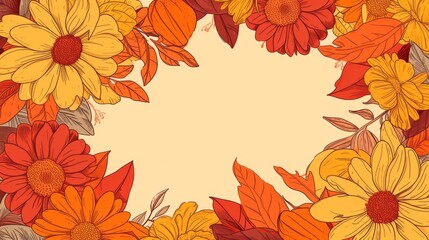 Wall Mural - Illustration of a frame made from fall flowers and leaves