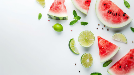 Canvas Print - A refreshed flat lay arrangement of watermelon slices, lime halves, and fresh mint leaves placed randomly on a white background, creating a vibrant pattern.