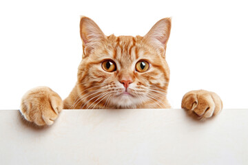 close-up of curious ginger cat peeking. head of orange cat with paws curiously looking out from edge