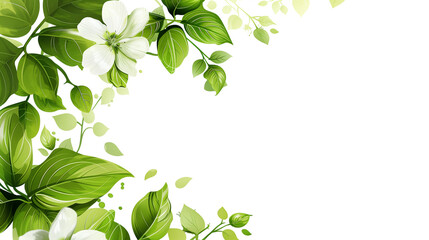 Simple green flower and leaf corner border with minimalist design isolated on a transparent background