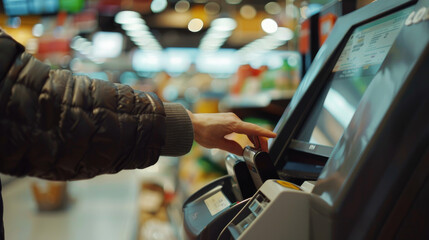 A person interacts with a touchscreen interface at a modern self-service checkout in a bustling store, representing the blend of technology and convenience in shopping.