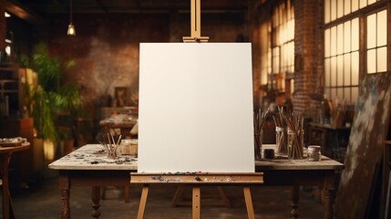 a blank canvas on an easel mockup in an artist's studio, surrounded by paintbrushes and art supplies