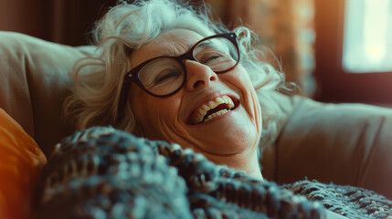 Sticker - An elderly woman with a joyful smile and glasses relaxes on a couch, bathed in warm, soft natural light, exuding happiness and contentment.