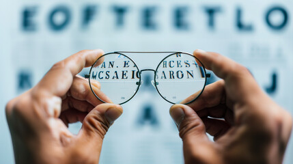 Hands holding sight glasses in front of optician vision eye chart. Clear view from the lenses