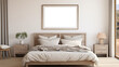 © Aleksander - Bedroom framed picture canvas mockup. A modern bedroom featuring a wooden bed with plush pillows and a cozy blanket.
