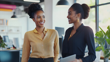 Two professional women smiling and conversing in a modern office.