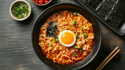 Asian instant soup with egg yolk, kimchi, and seaweed salad, presented from above.