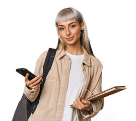 Caucasian student with notebook and phone