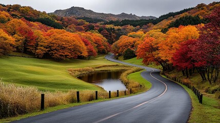 Sticker - tranquil rural scene with colorful foliage and a winding road, close-up, more clarity with clear lig
